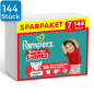 Preview: Vorderseite einer Packung Pampers Baby Dry Pants Größe 7. Oben links ist ein blaues Viereck mit der Aufschrift "144x"